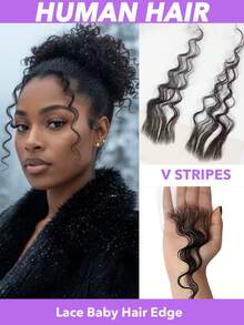 V/I Shape Reusable Edges Hair Top Transparent Lace Edges Hair Extensions, Soft & Natural Fake Baby Hair Edges , Handmade Real Human Hair Pieces, Natural Black Color 2 PcsL Deep Wave/Curly Wave/Water Wave - Natural Black - View 4