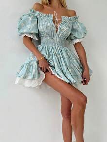 Women's Blue Ditsy Floral Sexy Cute Romantic Countryside Sweet Off-Shoulder Contrast Color Lace Patchwork Tie Waist Mini Dress, Suitable For Daily Outing, Dating, Vacation, Street Photography And Various Occasions, Spring/Summer Elegant - Baby Blue - View 5