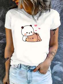Women's Short Sleeve T-Shirt With Raccoon And Bear Print - Soft And Casual, Short Sleeve And Round Neck, With Heart Eye Design, Ideal For Spring, Summer And Autumn, With Comfortable Lettering And Appliqué Details For Themed Events, Easy Care Animal Print Top, 100% Cotton. - 白色 - 查看 1
