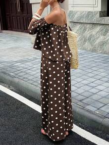 Look Polly 女士夏季弹力单肩设计上衣搭配口袋设计长裤，波点面料性感休闲宽松两件套，适合约会、度假、海滩、旅行、郊游、生日等场合。 - 棕色 - 查看 11