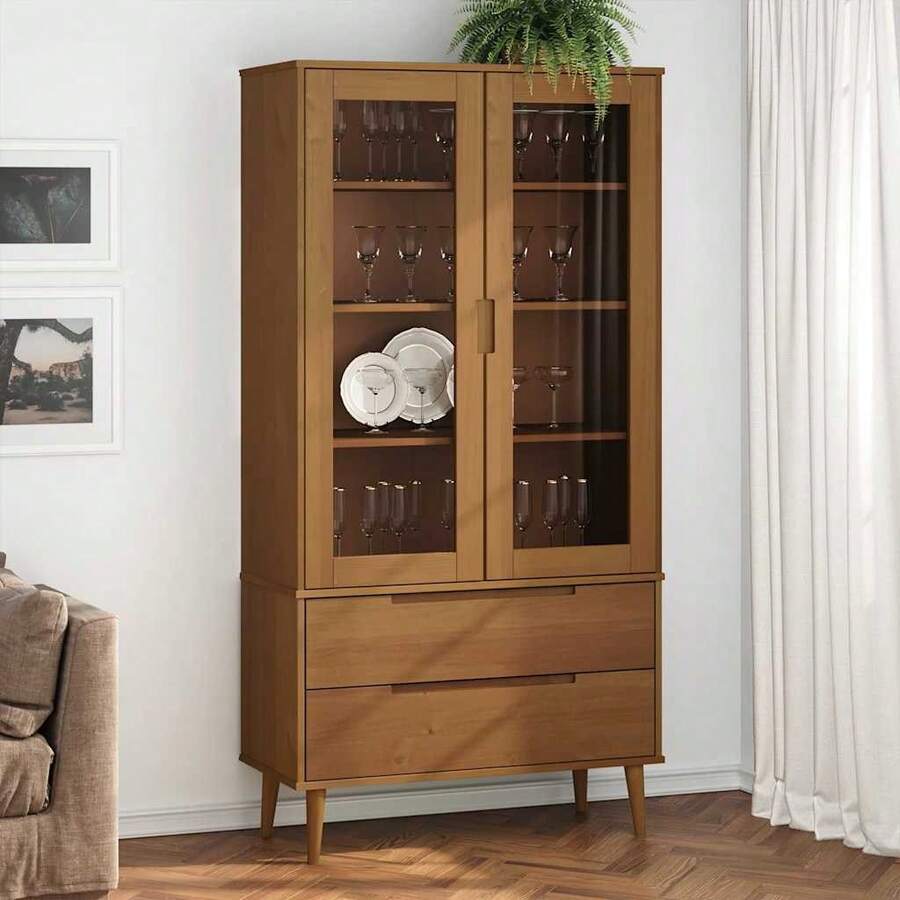 vidaXL Vitrinenschrank MOLDE Braun 90x35x175 cm Massivholz Kiefer - Braun - Übersicht 1