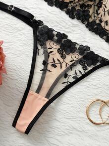 Women's Sexy Lingerie Set, European And American Embroidered Bra And Panty 2 Pieces Set, Luxury Floral Mesh Sheer Adjustable Bra And Panty Set - Black - View 10