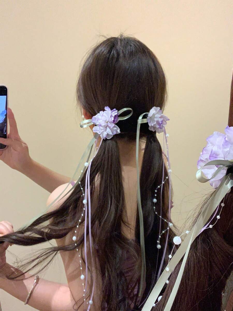 2个装女士花朵发夹,甜美气息花朵发夹,优雅女士丝带蝴蝶结发夹,美观的半扎发造型发饰,旅行,派对 - 紫色 - 查看 1