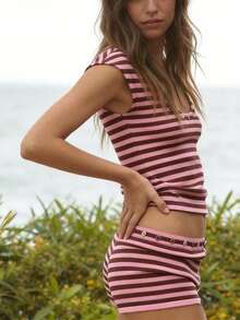 Retro Y2K Striped 2-Piece Set - Cap Sleeve Top  Low Waist Shorts - Multicolor - Ver 4