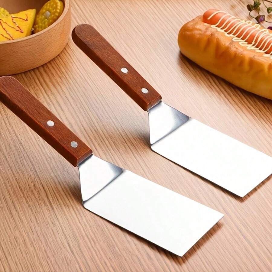 Bộ 2 muỗng xào bằng thép không gỉ, cán gỗ chịu nhiệt, chất liệu bền chắc, đa năng dùng để chiên, làm pizza, nướng bánh và nấu nướng, dụng cụ nhà bếp chuyên dụng! - Rỉ Nâu - Xem 1