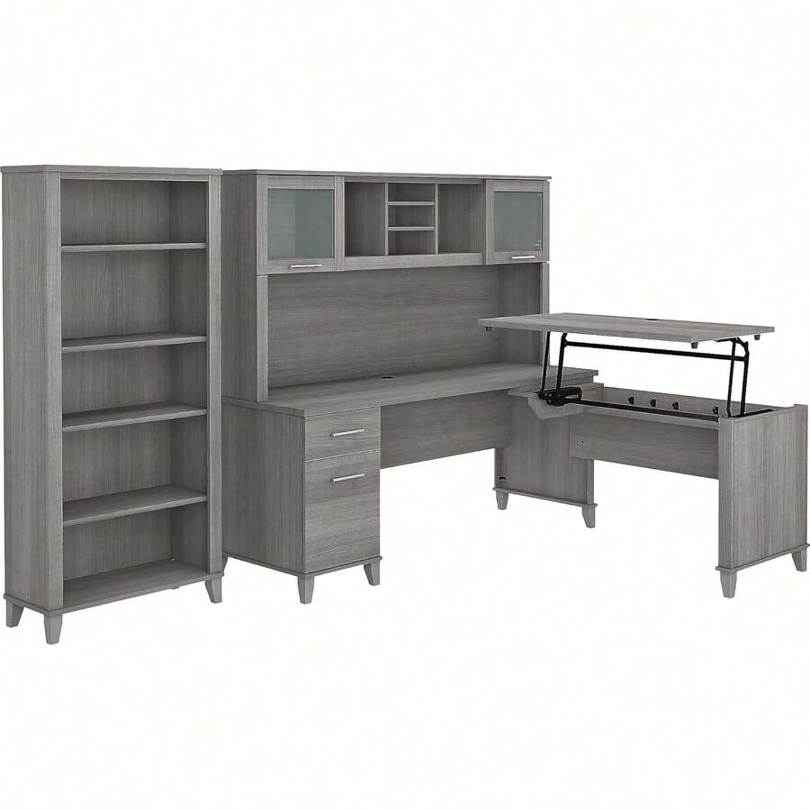 Escritorio en forma de L Bush Furniture Somerset de 72W con 3 posiciones para sentarse o de pie, con estantería y librero en gris platino. - Nuez fresca - Ver 1