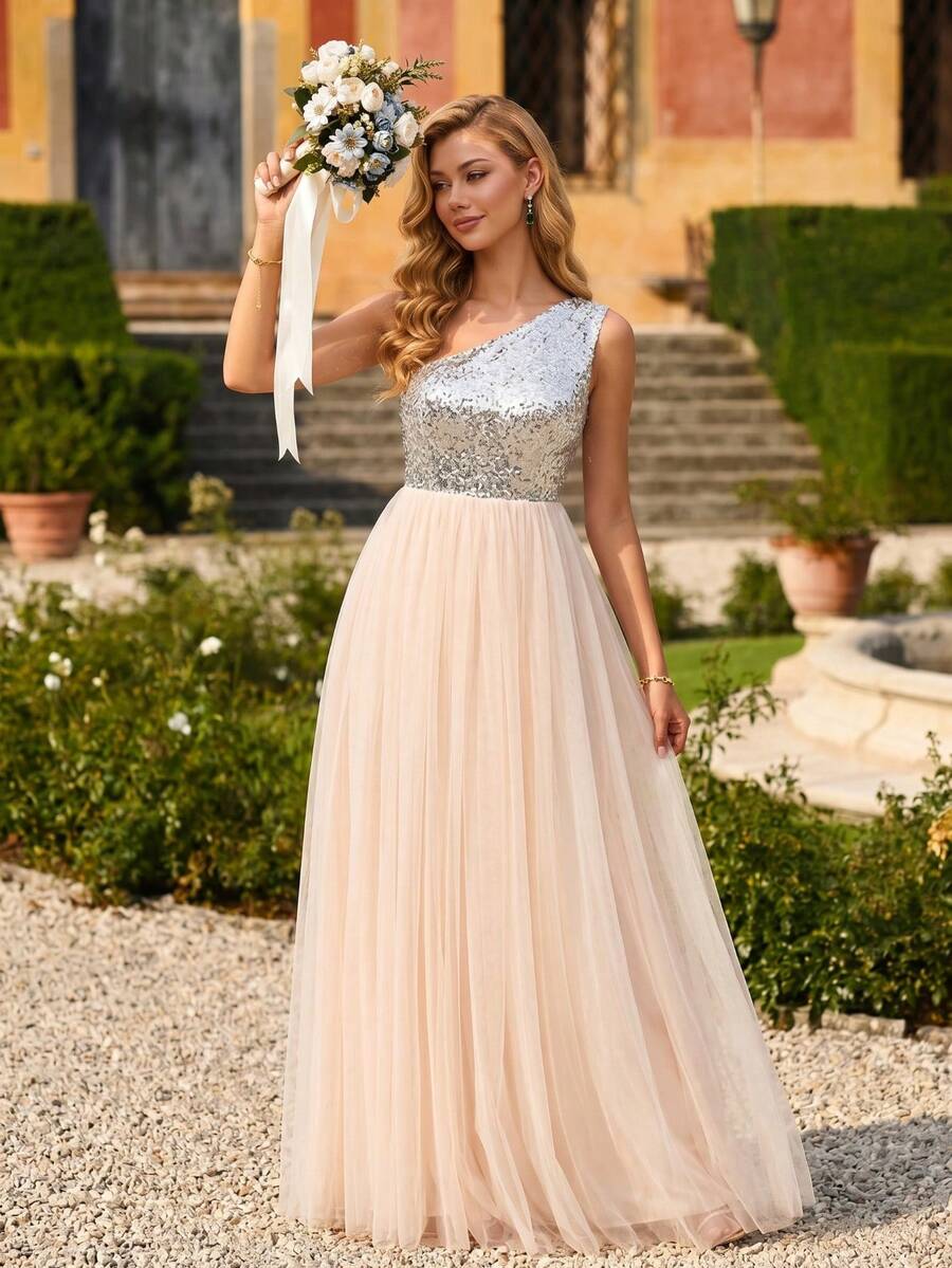 亮片拼接單肩網紗覆蓋下擺正式連衣裙 - 米色 - 查看 1