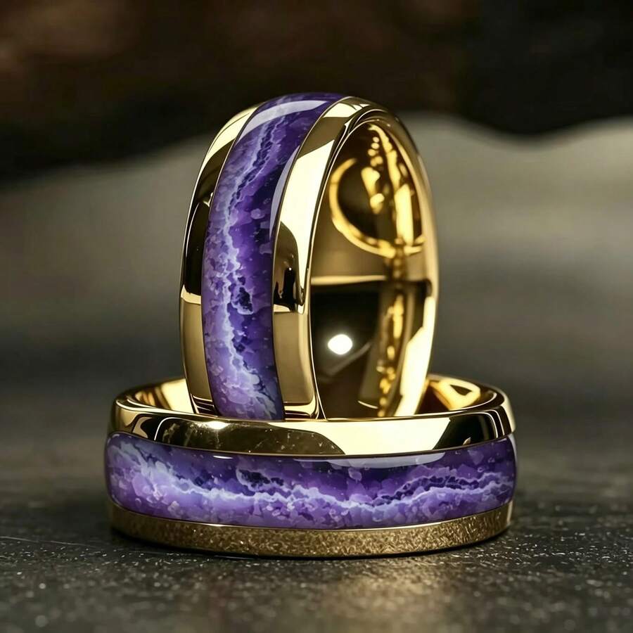 1pc 1pc Fashion Men's Stainless Steel Rings Artificial Purple Agate Stone Inlay Fashion Men's Stainless Steel Rings Jewelry Suitable For Daily Wear, Gift For Him Non-Fade - Gold - View 1
