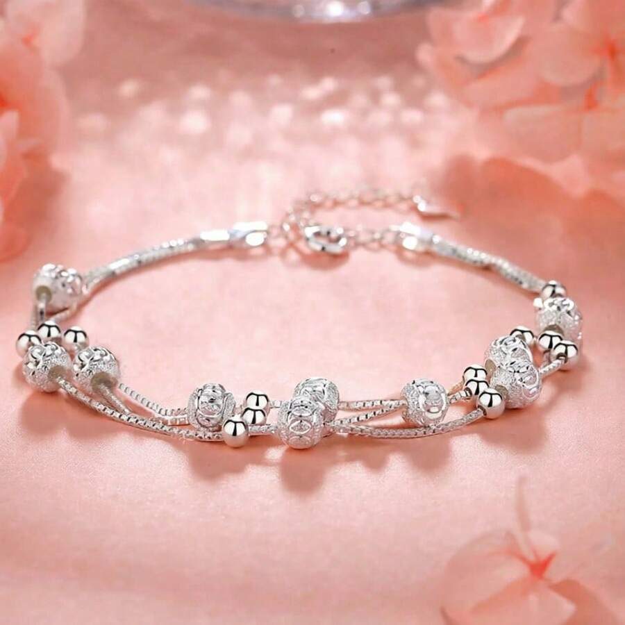 925 Sterling Silver Plated Adjustable Beaded Bracelet, Vintage Luxury Women's Jewelry, Fashion Designer Original Jewelry, Party & Wedding Gift - Silver - View 1