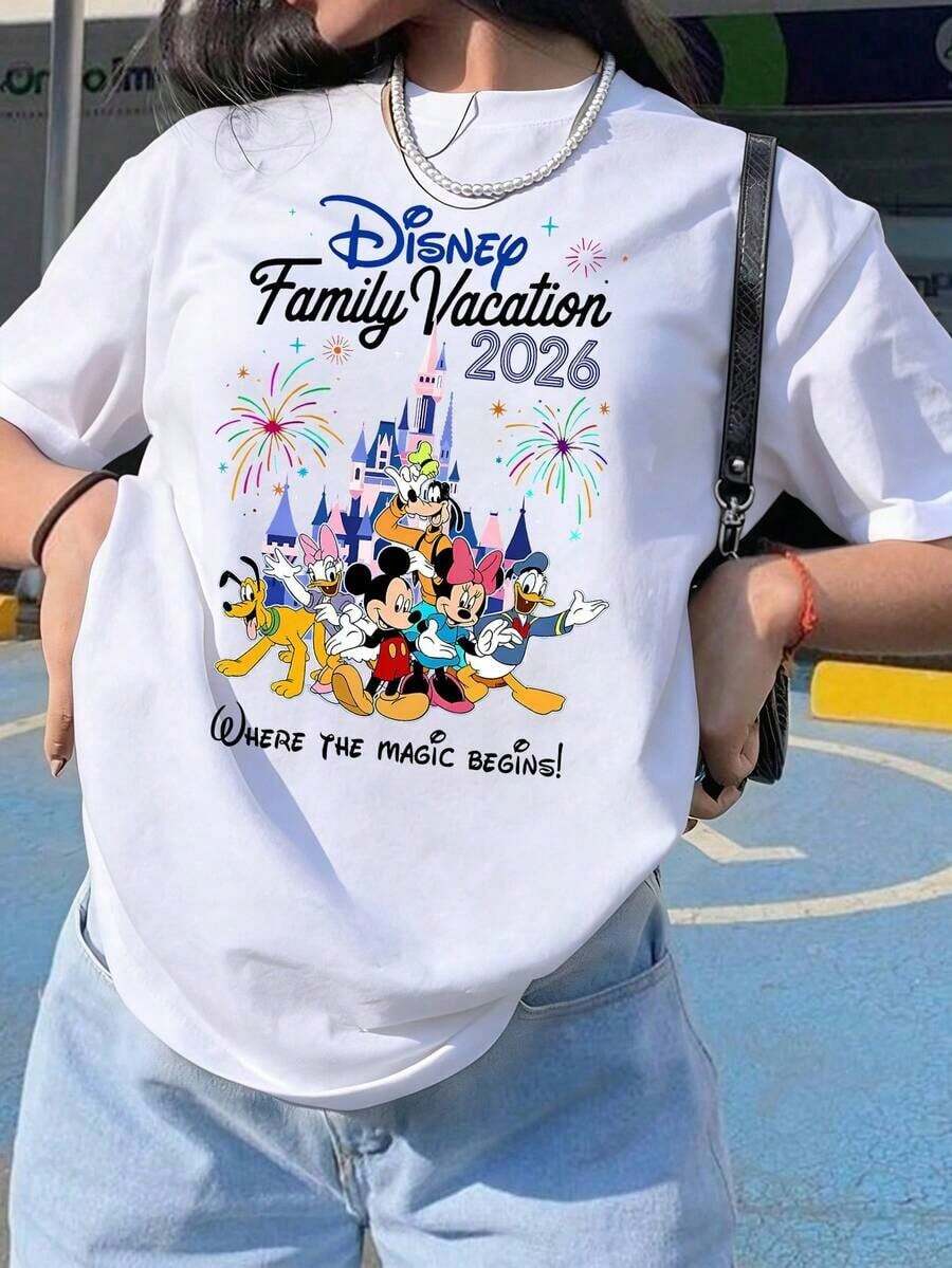 Women Round Neck Short Sleeve Cotton T-Shirt With Disney Family Vacation 2026 Print Casual Top Disney World Theme Park Tee - trắng - Xem 1