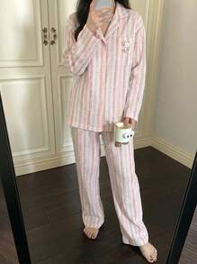 DAZY 2 Stücke Damen Pyjama Set, Cardiganjacke mit Kragen und V-Ausschnitt, Langarm Top mit buntem gestreiftem Hunde-Muster, Hose mit durchgehendem süßem Cartoon-Muster, bequem & modisch für Zuhause & Lässig, geeignet für Frühling, Herbst & Winter - Verschiedenfarbig - Übersicht 2