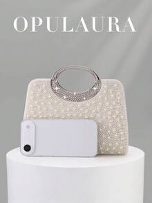 Bolso de mano de noche con cristales y brillantes para mujer de OpulAura, bolso de mano formal con tachuelas de de lujo, adecuado para galas, fiestas, cumpleaños, bodas como bolso - Albaricoque - Ver 4
