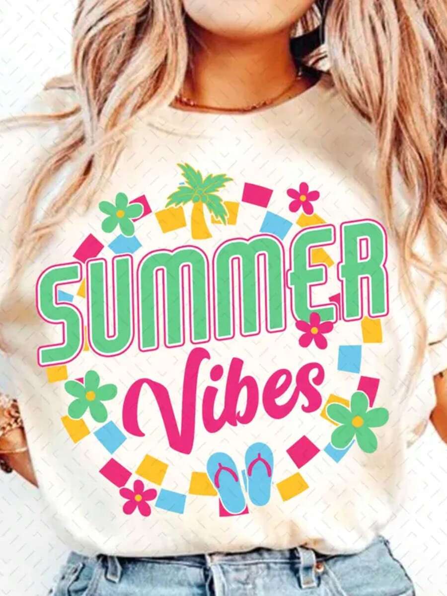 Women's Casual Cotton Round Neck Short Sleeve T Shirt With Summer Vibes Graphic Print For Everyday Wear - 白色 2 - 查看 1