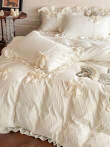 1 Set Princess Style Bow Ruffle Crafted Bedding Set, French Romantic Soft Bubble Gauze Jacquard Duvet Cover Set, Including 2 Pillowcases And 1 Duvet Cover, Suitable For Home Bedroom Wedding Decor - White - View 9