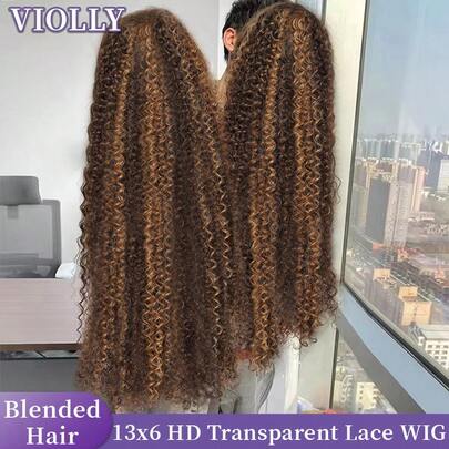 VIOLLY Deep Curly 36 Inch Length 13x4 High Definition Lace Front Brazilian Hair Wet Wavy Lace Front Wig Ear To Ear Free Parting Bady Hair Pre-Trimmed Real Hair Lace Front Wig #P4/27 Honey Blonde Highlight 200% High Density For Women Human Hair Blend