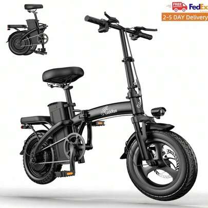 Folding Electric Bicycle, 400W Motor,14-Inch Vacuum Explosion-Proof Tires, Speed 20MPH, Dual Disc Brakes, Three-Step Folding, Front And Rear Suspension, Front And Rear Lights, Portable Design, Reduces Travel Burden, Can Be Placed In The Car Trunk.