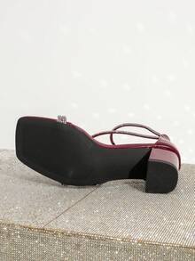Square Toe Thick High Heel Rhinestone Decorated Elegant Glamorous Sandals, Suitable For Banquet Party, Fashion Versatile - Burgundy - View 8