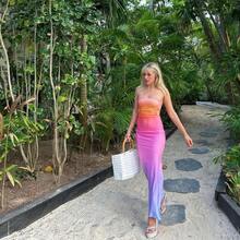 Vestido Sexy sin tirantes con estampado degradado para mujer, Vestidos hasta el tobillo con envoltura en el pecho, moda de playa, verano - Colores Mezclados - Ver 7