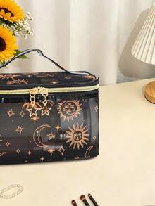 1pc Black & Gold Sun & Moon Mesh Cosmetic Bag, Women's Large Capacity Portable Toiletry Bag, Travel Transparent Storage Pouch, Ins Style - Black - View 6