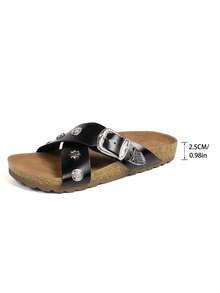 Retro Punk Style Rivet Sandals, Women's Solid Color Double Strap Metal Buckle Soft Wood Bottom Outdoor Slippers, Fashionable , Suitable For Summer Daily Wear - Black - View 7