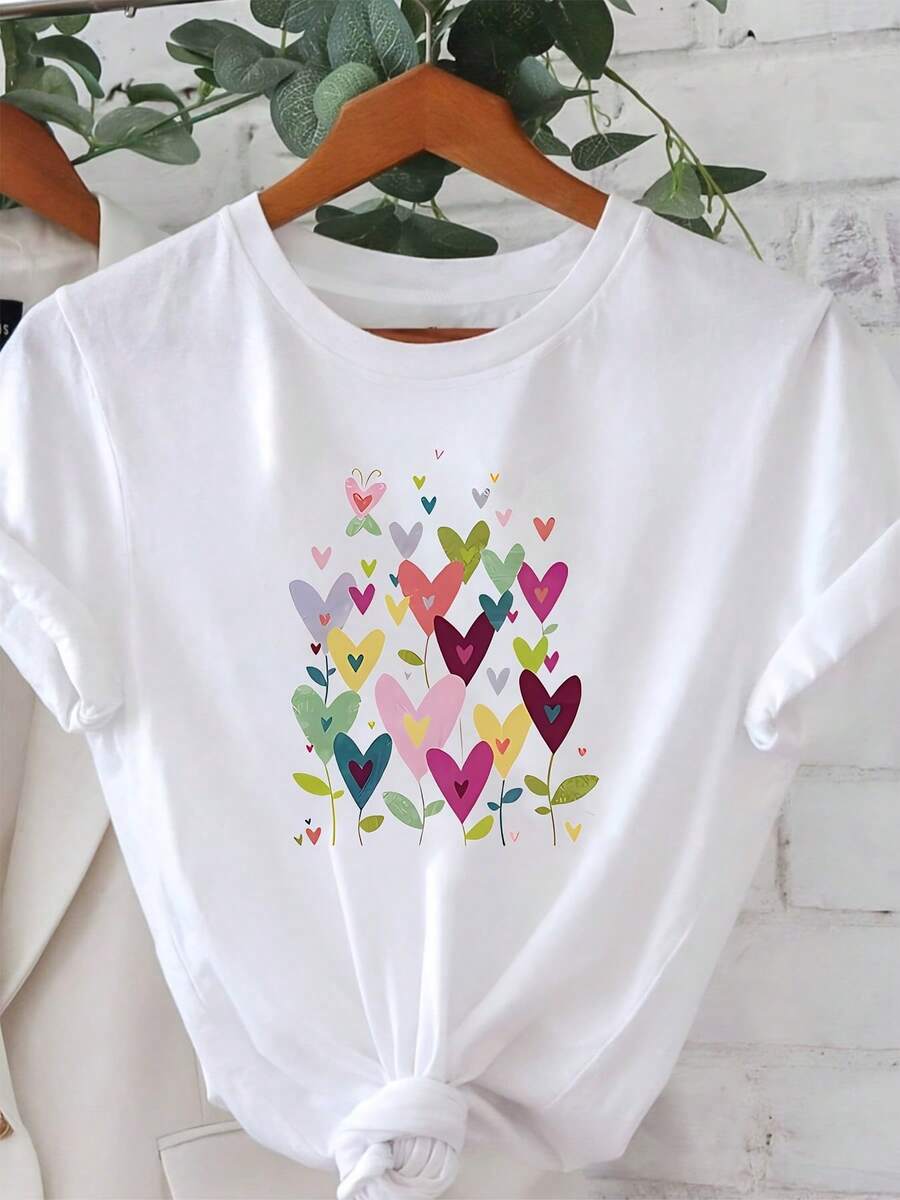 Plus Size - Plus Size - Women's Plus Size T-Shirt With Love Bouquet Graphic Print, Casual Short Sleeve Crew Neck Top For Summer And Spring, Women's Clothing - 白色 - 查看 1