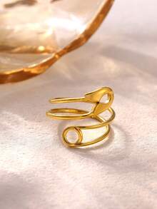 Minimalist Two Tone Paper Clip Double Layer Hollow Ring Stainless Steel Geometric Stackable Ring Women's Accessories Part - Yellow Gold - View 5