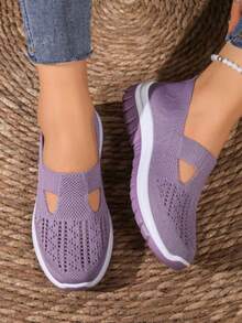 Women'S Lightweight Breathable Knit Walking Shoes - Soft EVA/PVC Sole, Low-Top Summer Sneakers With Fabric Upper & Lining, Multiple Colors For Casual & Light Exercise, Ladies Shoes - 紫色 - 查看 2