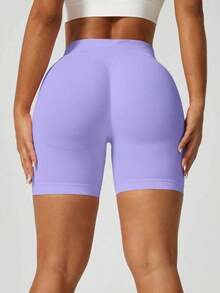 Pantalones cortos deportivos negros de verano con levantamiento y moldeado sin costuras para mujer - Morado - Ver 7