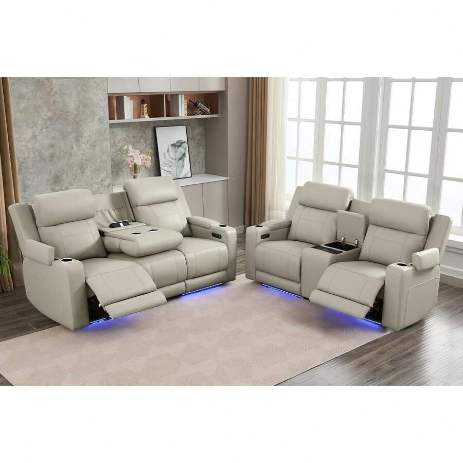 Sofá reclinable eléctrico con reposacabezas ajustable/luz LED, asientos de cine en casa con almacenamiento en el reposabrazos/toma de corriente/cuero transpirable, sofá reclinable eléctrico para sala de estar (gris, sofá de dos plazas + sofá) - Gris y negro - Ver 1