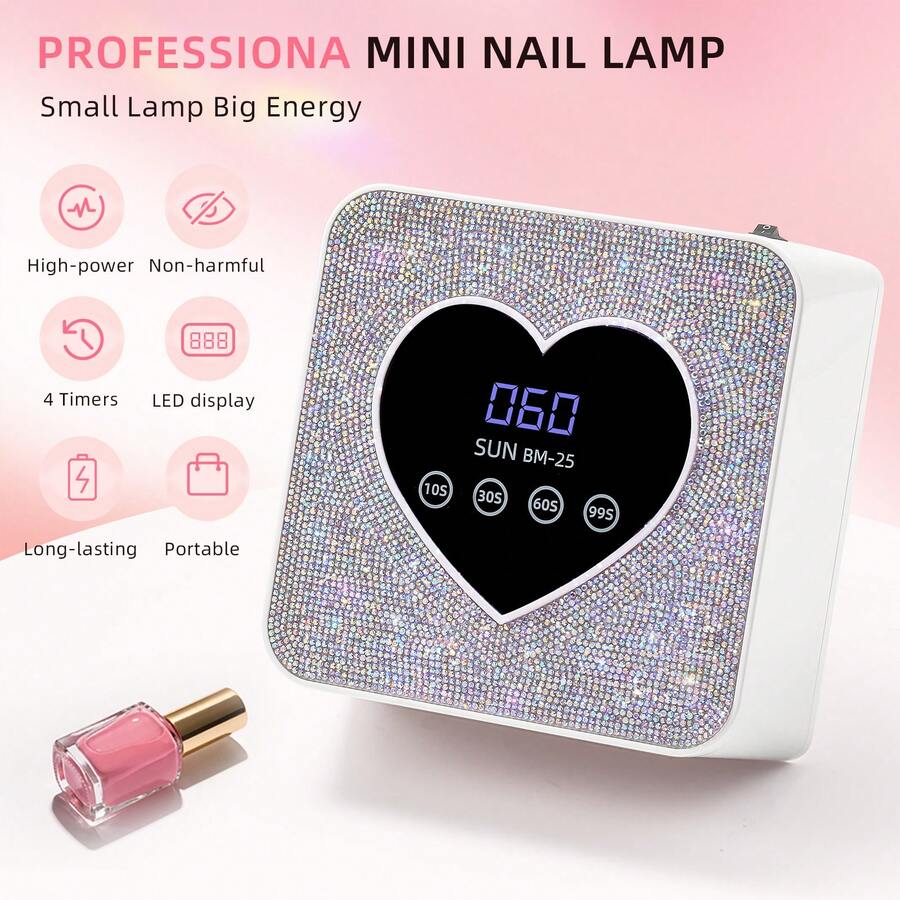 AB水钻心形UV LED美甲灯，USB供电快速固化凝胶美甲烘干机，带4个定时器和自动感应器，便携式美甲灯，适用于沙龙和家庭美甲