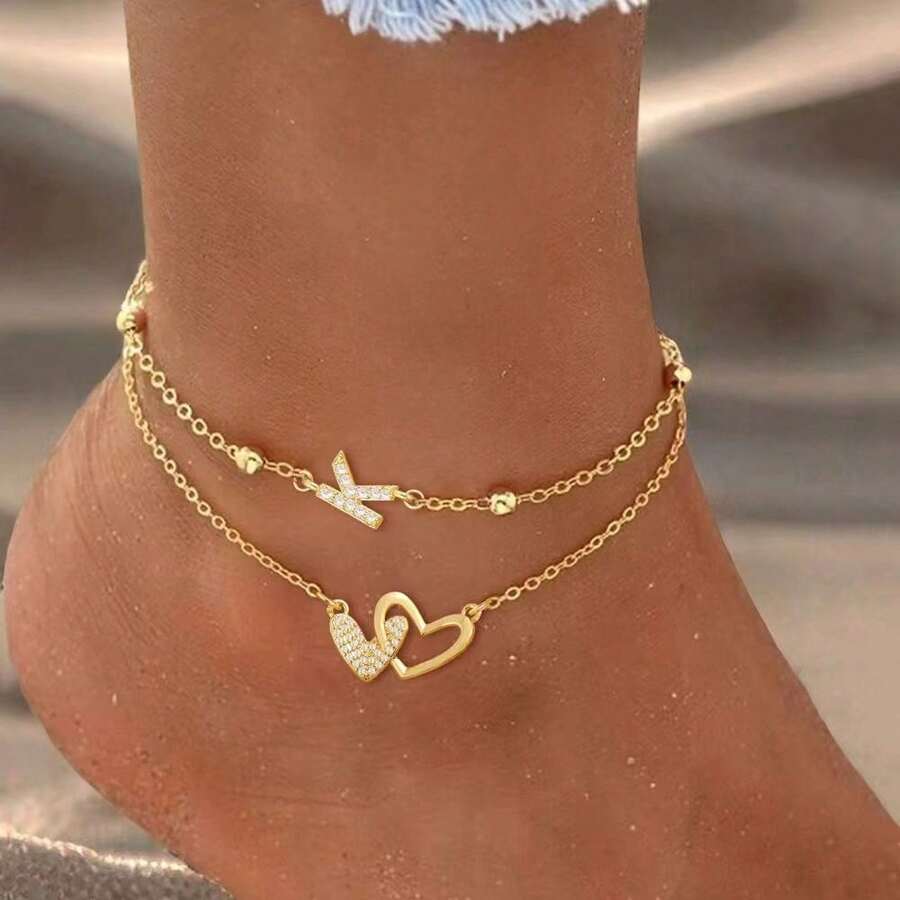 2pcs/Set Gelang Kaki Huruf Hati Ganda Modis Baru, Gelang Kaki Berlapis Manik-Manik Stainless Steel Emas untuk Wanita - Yellow Gold - View 1