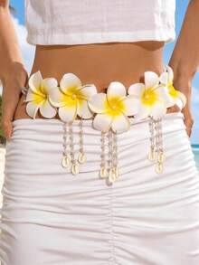 imoli 1pc Fashionable & Fresh Frangipani/Plumeria Flower, Faux Pearl & Shell Tasseled Waist Chain, Sexy Beach Outfit For Wedding, Beach Party, Gift (Faux Pearl & Shell Sizes Vary, Quantity Undefined) - Multicolor - View 9