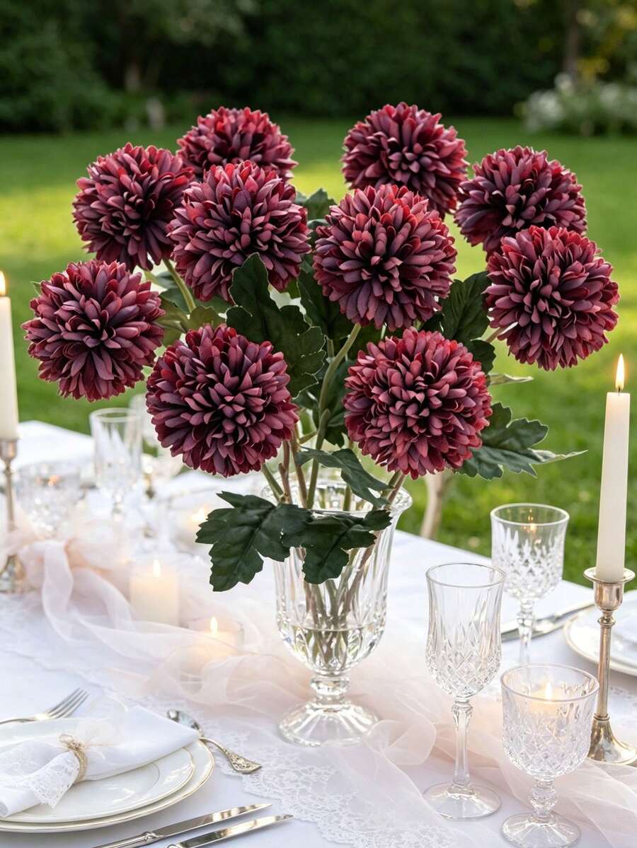 1/12 piezas Bola de crisantemo artificial, bola bordada, decoración de boda, florero para el hogar, adornos, restaurante, sala de estar, dormitorio, arreglo floral de mesita de noche, ramo de novia, flor de muñeca, corsage, materiales de decoración para fiesta de cumpleaños, regalo del Día de San Valentín, decoración de otoño (es normal que si el producto tiene un olor anormal, colóquelo en un lugar ventilado durante 1-3 días, el olor se reducirá) - Burdeos - Ver 1
