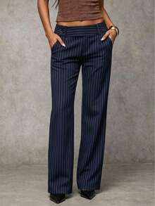 Women's Solid Color Low-Waist Striped Contrast Color Casual Pants, Retro Style Suitable For Commuting, Office, Vacation, Formal Occasions, Parties, Weddings, Western Festivals, Mother's Day Gifts And More - Blue - View 3