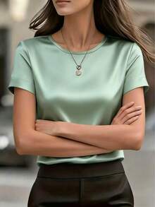 Women's Elegant Round Neck Satin Short Sleeve Blouse, Suitable For Spring And Summer - Green - View 3
