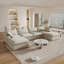 Sofá Modular Cloud con Otomana de Almacenamiento, Sofá en Forma de L de 120.45" para Sala de Estar, Sofá Convertible Relleno de Plumón con Asiento Profundo para Oficina o Apartamento, Fundas Lavables y Reemplazables, Color Caqui - Caqui - Ver 13