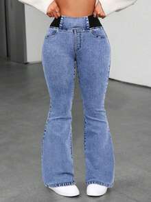 GILIPUR Pantalones vaqueros acampanados de talle alto estilo Y2K para mujer, pantalones vaqueros elásticos de ajuste ceñido de unicolor elegante, pantalones vaqueros lavados azules de estilo casual de calle - Azul - Ver 7