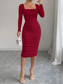 PRETTYGARDEN Women Midi Dresses Fall  Long Sleeve Ruched Bodycon Homecoming Cocktail Wedding Guest Dress New Years  Party Valentine  Vacation Outfits Spring Dresses For Women Vestidos Elegantes De Mujer - 酒紅色 - 查看 1