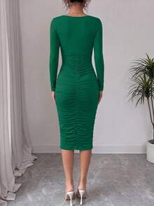 Women Midi Dresses Fall  Long Sleeve Ruched Bodycon Homecoming Cocktail Wedding Guest Dress New Years  Party Valentine  Vacation Outfits Spring Dresses For Women Vestidos Elegantes De Mujer - 深綠色 - 查看 2