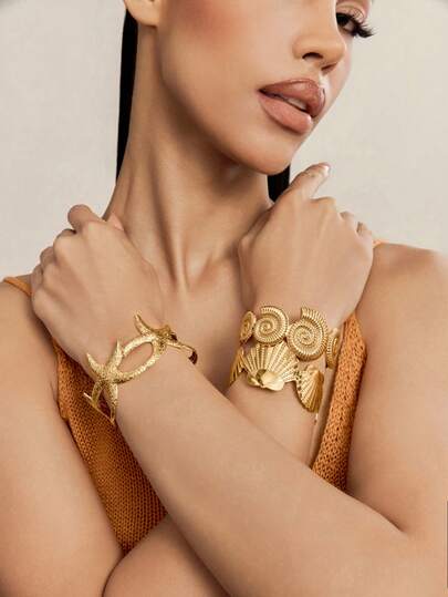 Altistry 3pcs/Set Bracelet Set With Ocean Elements Like Starfish & Shell, Gold Metal Personalized Exaggerated Boho Vibe, Suitable For Beach, Vacation And Daily Wear