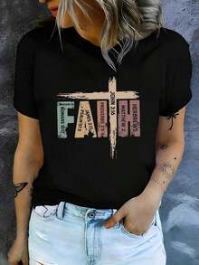 Camiseta de Mujer Cristiana con Versículo Bíblico y Referencias de las Escrituras para Inspiración Religiosa y Motivación Espiritual, 220g, blusa casual mujer, playeras de mujer algodón - Negro - Ver 3