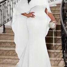 Fleurora Plus Size Women 2025 New Spring, Summer, Autumn And Winter Plus Size Knitted Round Neck White Mesh Splicing Cape Shape Waist Long Fishtail Plus Size Dress Fall Women Wedding Guest Dress Women,Homecoming Dress All White Mermaid Dress White Formal Evening Gown Outfit For Party - Blanco - Ver 2