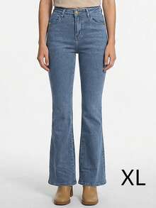 Pantalones vaqueros acampanados para mujer, de gran elasticidad, elegantes y sencillos, vaqueros clásicos de talle alto en color liso, suaves y cómodos, adecuados para todas las estaciones. - Azul - Ver 10