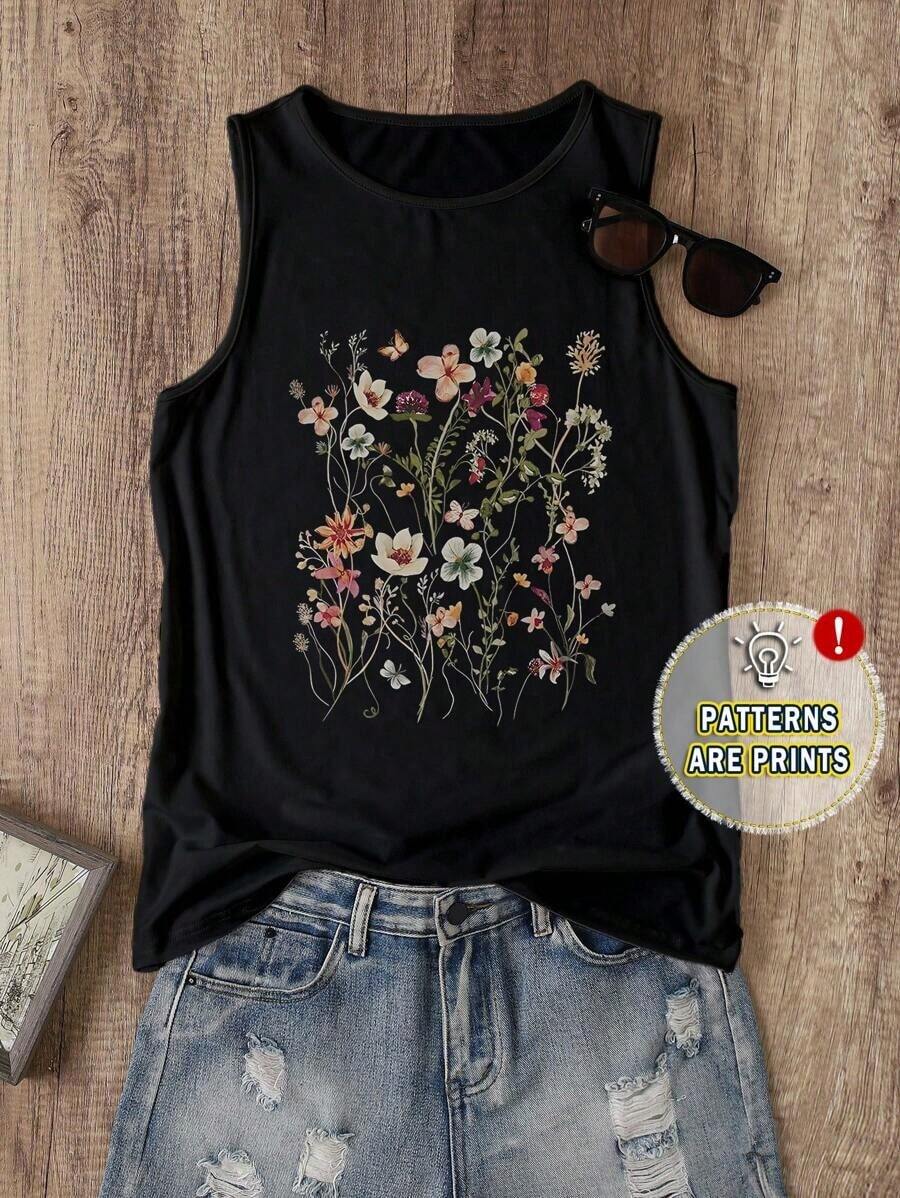Plus Size Women Floral Sleeveless Tank Top - Black - View 1