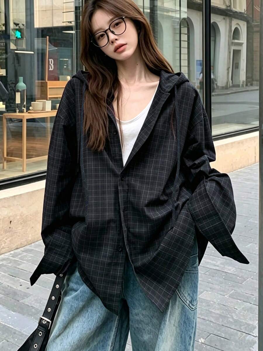 2025 格紋印花休閒女款長袖鈕扣連帽襯衫 黑色 - 黑色 - 查看 1