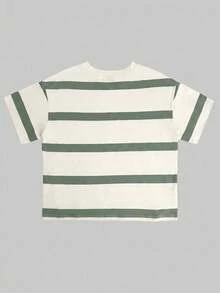 Top de manga corta holgado con rayas, estilo informal coreano para primavera y verano - Verde militar - Ver 3