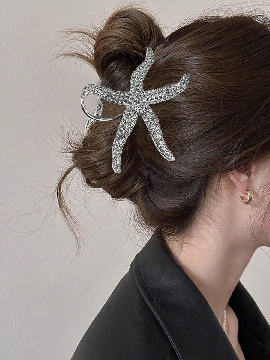 1pc 11cm/4.33in Alloy Metal Large Starfish Rhinestone Metal Hair Claw Clip, Women Hair Accessory,Travel,Birthday - Silver - View 1