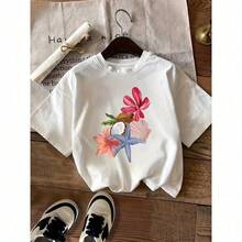 Camiseta de Mujer con Estampado de Hibisco Tropical y Estrella de Mar - Estilo Hawaiano de Playa, Manga Corta, Cuello Redondo Transpirable, Corte Relajado, Diseño Suave Rosa y Turquesa de Hibisco y Estrella de Mar, Conjuntos de Primavera/Otoño - Blanco - Ver 1