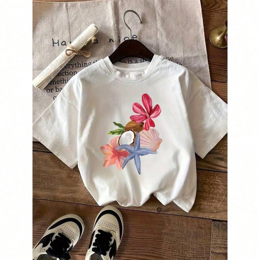 Camiseta de Mujer con Estampado de Hibisco Tropical y Estrella de Mar - Estilo Hawaiano de Playa, Manga Corta, Cuello Redondo Transpirable, Corte Relajado, Diseño Suave Rosa y Turquesa de Hibisco y Estrella de Mar, Conjuntos de Primavera/Otoño - Blanco - Ver 1