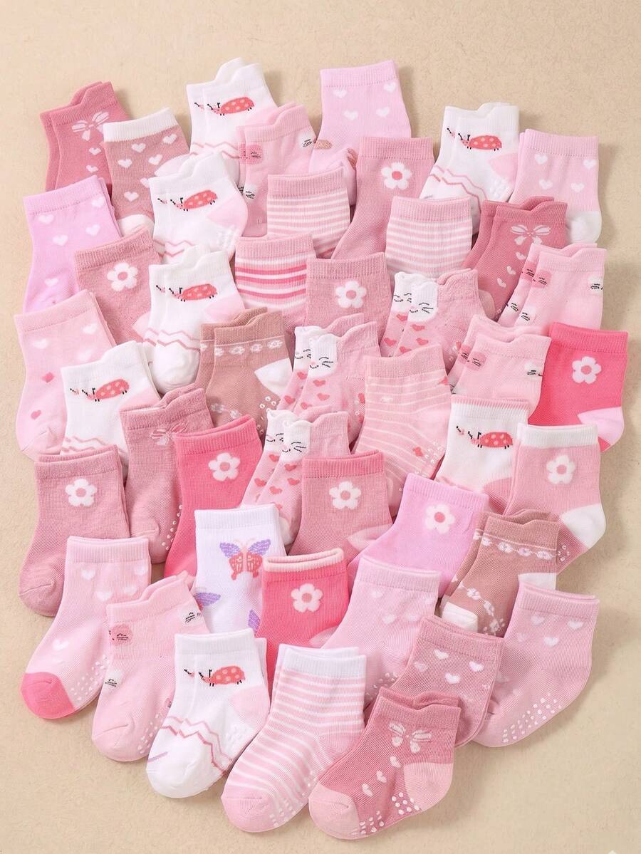24/12/6/1 Pairs Random Baby Girls Anti-Slip Socks With Bow, Heart, Stripe, Flower, Ladybug, Rabbit, Bow, Star Jacquard Patterns. Reinforced Heel Design To Prevent Slipping, Suitable For Daily Wear, Parties, Infant Crawling Socks, And Newborn Non-Slip Socks. - Multicolor - View 1